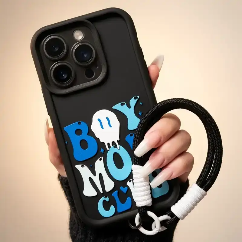 Boy Mom Club Pattern Phone Case with Wrist Strap, Decorative Phone Protector Cover, Phone Accessories Compatible with iPhone 11 12 13 14 15 Pro Max, Casing