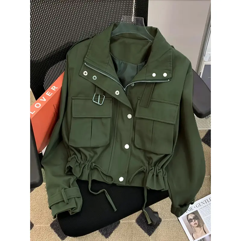 2026Women's Utility Work Jacket with Stand Collar, a Multi-Function Coat Featuring a Drawstring Waist and Seam Pockets for Spring, Clothes, Yes, All-Trans Retinoic Acid
