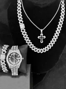 Men's Stylish Layering Set: Premium Cuban Chain + Bracelet + Diamond-Accented Watch + Pendant Combo (Unisex) — Unlock Versatile Looks.