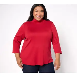 QVC Isaac Mizrahi Live! Women's Estate Mock Neck, 3/4 Sleeve Cotton Blouse