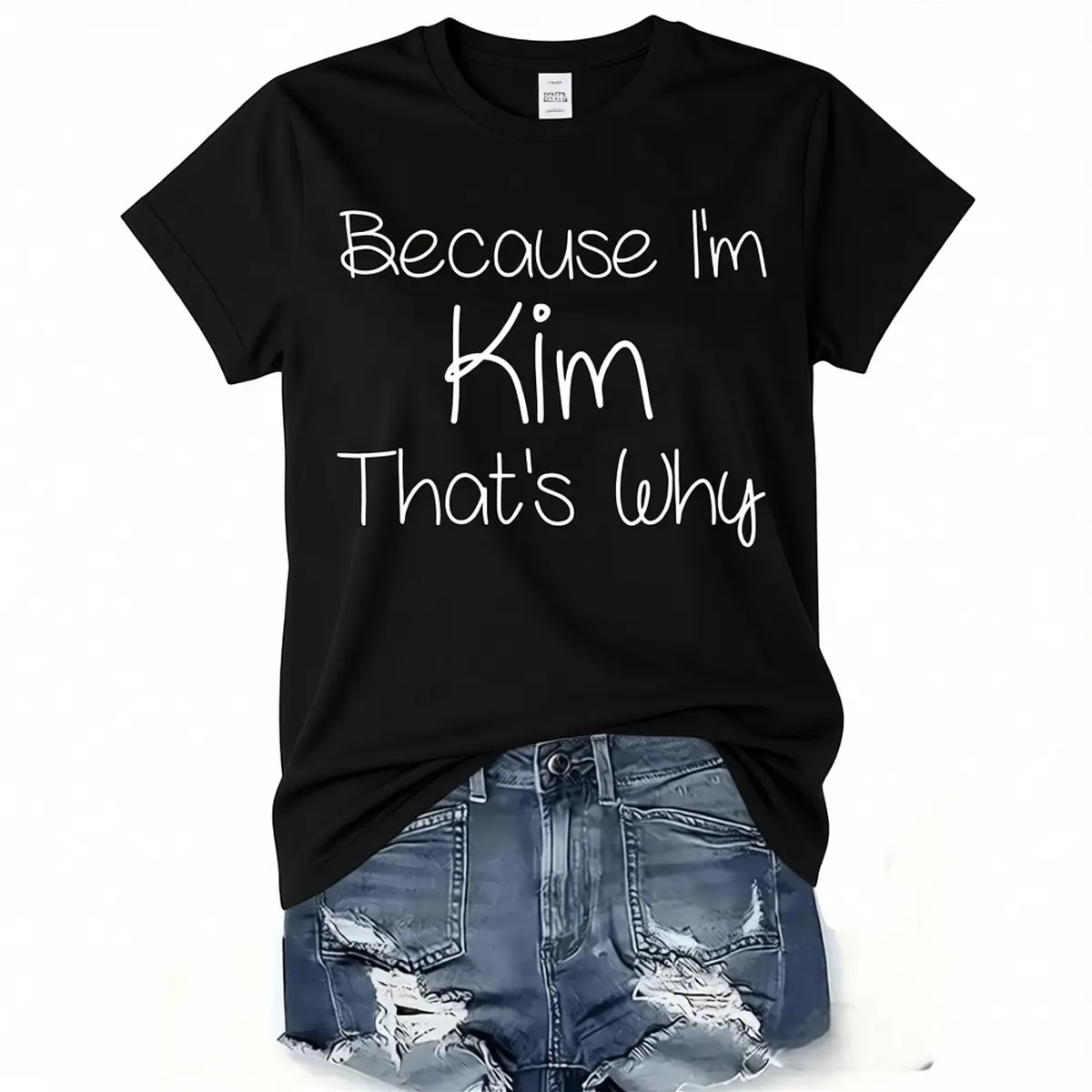 Women's Casual T-Shirt - "Because I'm Kim, That's Why" Graphic Tee, Black with White Text, Comfortable Round Neck, Short Sleeve, Regular Fit for All Seasons
