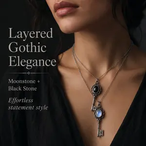 Vintage Gothic Key Necklace with Black Onyx or Moonstone Gemstone, Antique Silver Pendant for Women, 50 cm Chain, Casual Statement Jewelry