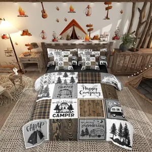 Rustic Camping 7 Piece Bedding Set,Rv Camper Comforter Set,Bed in A Bag Farmhouse Buffalo Plaid Bedding Comforter Sets