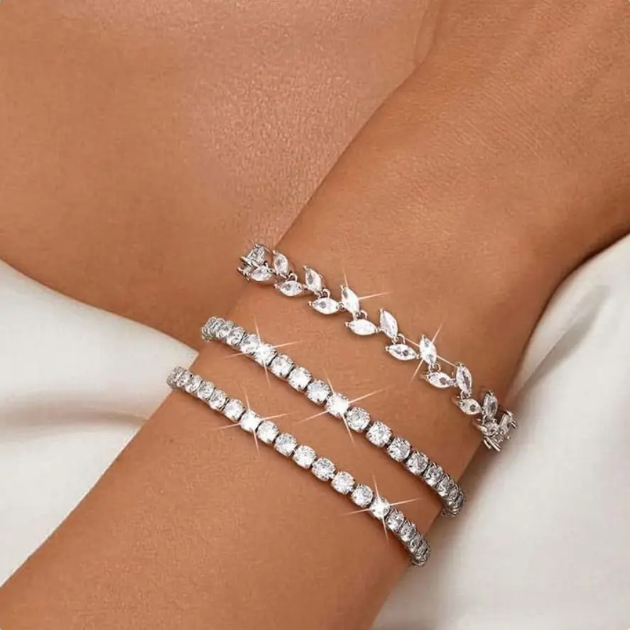 3Pcs Trendy Stack Bracelets Set for Women Silver Plated Summer Icy Cool Bracelet Cubic Zirconia Adjustable Stackable Bracelets Set for Prom Wedding Party Jewelry Birthday Gift