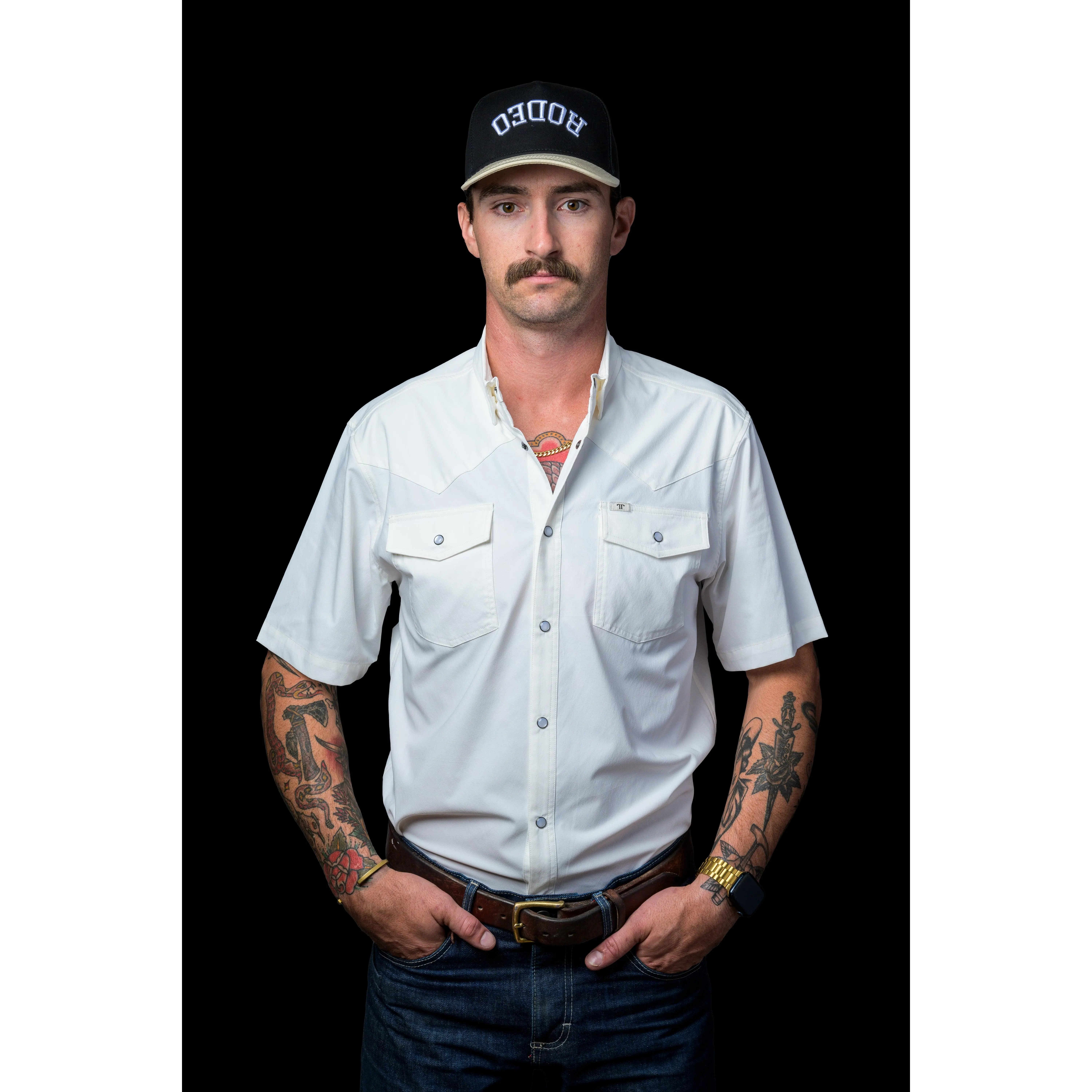 Men's Short Sleeve Western Pearl Snap Shirt in White, Soft Stretch Breathable Fabric with Vented Back and Utility Pocket