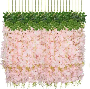 24 Pack Artificial Wisteria Hanging Flowers Fake Wisteria Flower Garland Silk Vines Rattan Decor for Home Wedding Arch Wall Garden Greenery Bedroom Outdoor Office Party Decoration (Light Pink)