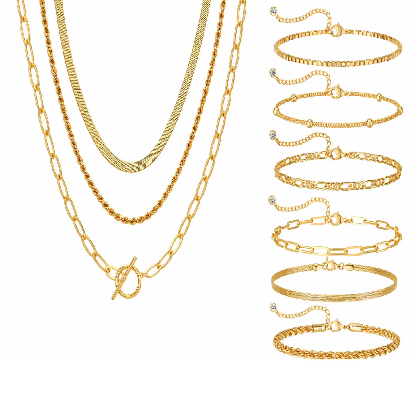Tewiky Gold Layered Jewelry Set for Women, 6 Layer Chain Bracelet & 3 Layer Chain Necklace Set, Paperclip Snake Figaro Cuban Link Chain Stackable Jewelry, Trendy Minimalist Fashion Gift
