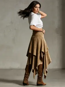 Women's Retro Western Irregular Rope Tie Tassel Suede Asymmetrical Hem Casual Streetwear Skirt