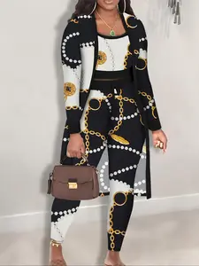 Women's All Over Print Long Sleeve Open Front Outwear & Drawstring Waist Pants & Crop Top Set, Casual Lounge Set, Casual Fashion Cozy Three-piece Outfits for Daily Outdoor Wear, Women Clothes for Fall & Winter