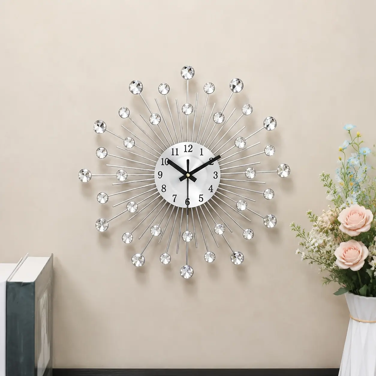 38cm Shiny Crystal Silver Metal Silent Modern Analog Wall Clock - Home Decoration Clocks for Living , Bedroom men's  room accessories