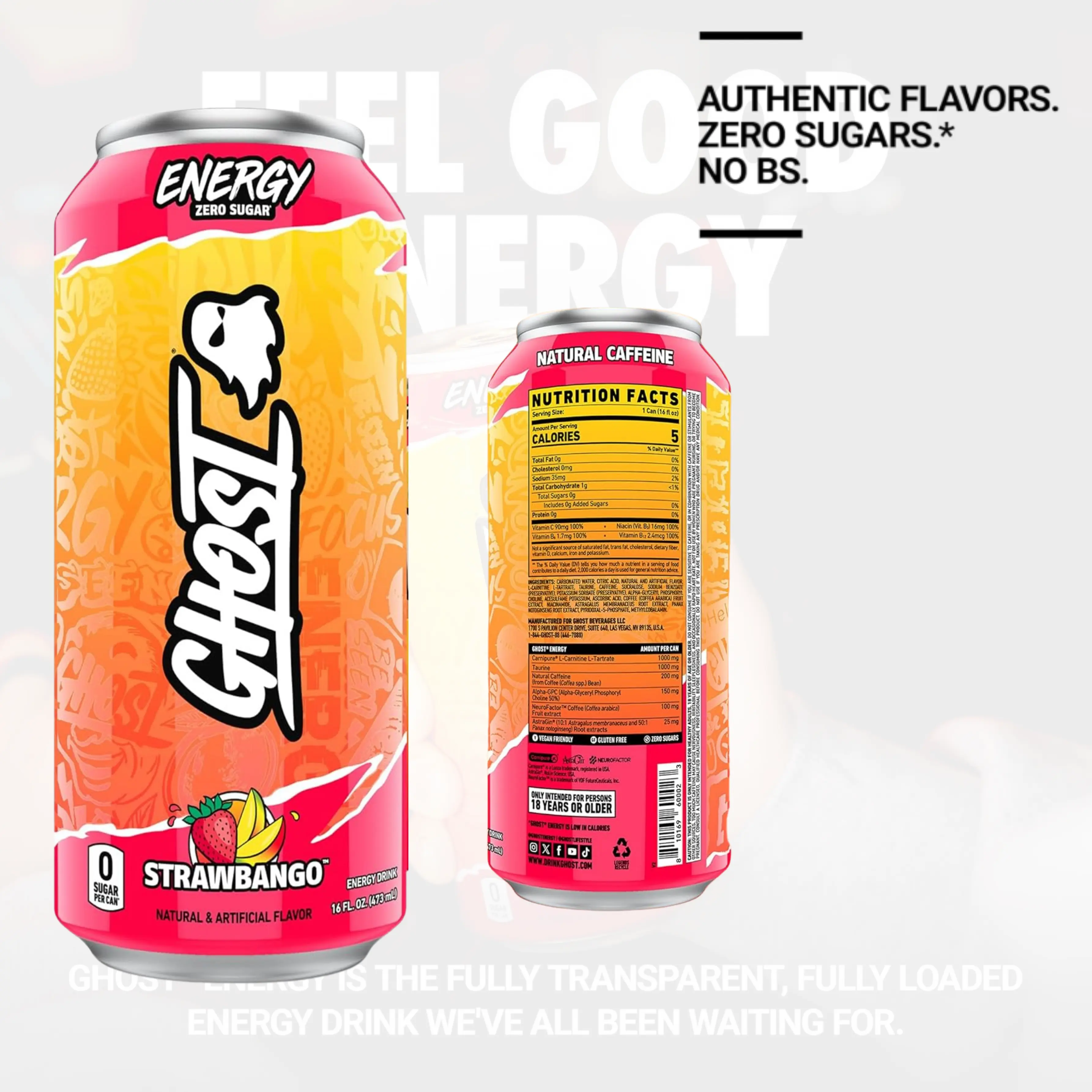 GHOST Energy Drink 16oz Flavor 200mg Natural Caffeine L-Carnitine Taurine Zero Sugar Gluten-Free Vegan 12 Cans Choose Your Flavour