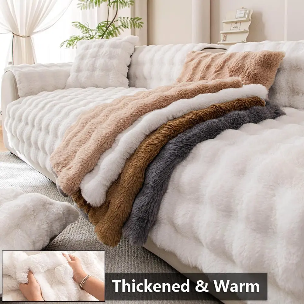 1pc Autumn Winter Faux Rabbit Fur Long Hair Sofa Cushion, Modern Luxury Thick Plush Sofa Cover for 4 Seat Couch, Pet Friendly Home Decor