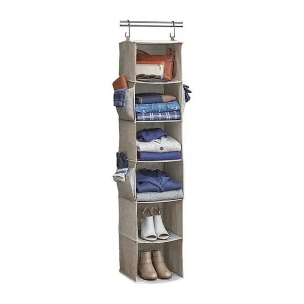 Hanging Closet Organizer 6 Shelf with 3 Side Pockets, Fabric Closet Storage Shelves for Clothes Sweaters Shoes Handbags, Holds 66 lbs, No Assembly Rod-Mount Wardrobe Organizer, 54 Inch, Gray