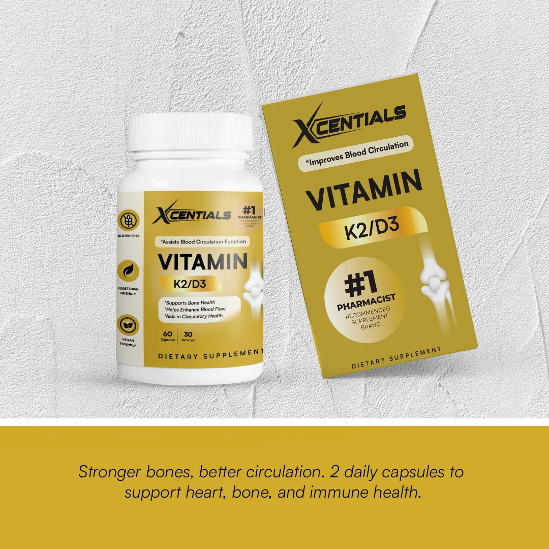 Xcentials Vitamin K2/D3 - 60 Capsules for Bone & Heart Health - Gluten-Free, Vegetarian, Vegan Friendly - Improves Blood Circulation & Boosts Immune System - Healthcare - Natural