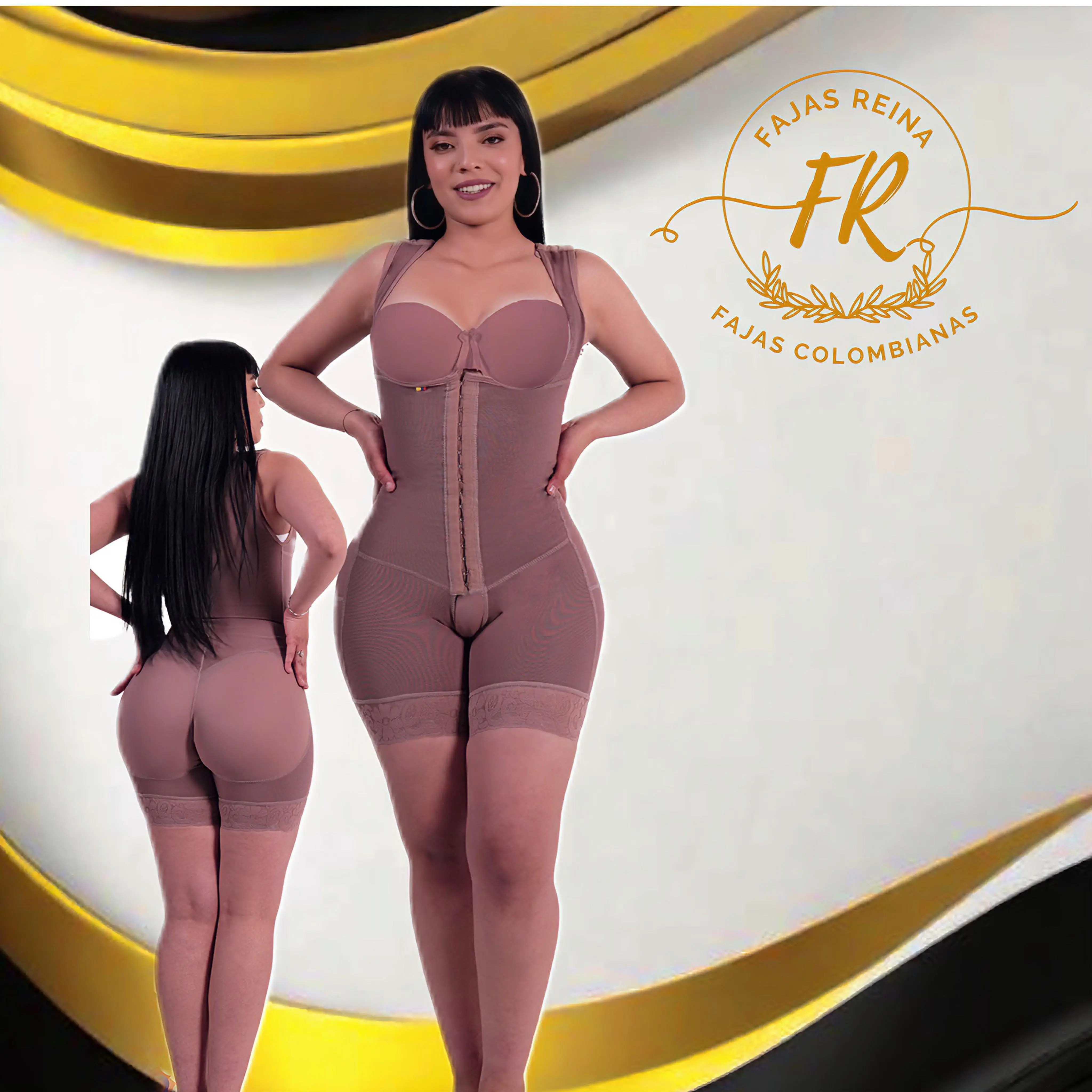 Fajas Reina Media Leg Silhouette Defining Compression Faja with Three Frontal & Shoulder Clips for Post-Op Recovery Comfort Tummy Control Suit
