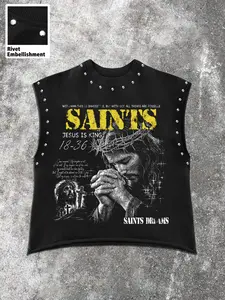 Men's Summer Casual Sleeveless Vest, Jesus & Cross Graphic Pattern, Rivet Decor Round Neck Top, Religious Style Daily Wear