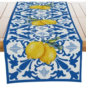Italy Blue Tiles Runner Decorative, Italian Lemons Summer Table Runner Decorations for Dining Room Kitchen Dresser Decor for Party Holiday, Housewarming Gifts for Women Couple New Home, 13X72 Inches