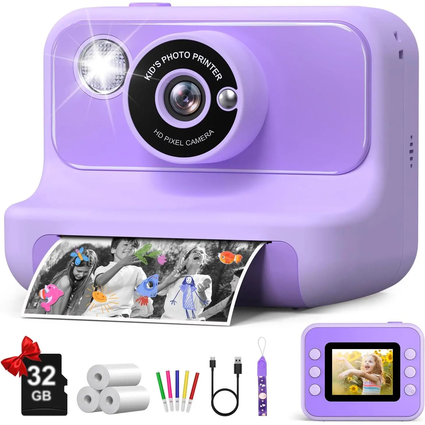 Camera Instant Print, Christmas Birthday Gifts for Girls and Boys, 1080P HD Video Digital  Camera with 32G Card,  Camera for 3-12 , Purple