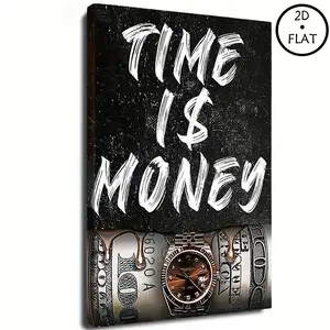 A Wooden Frame Canvas Wall Art with the Motto 'Time is Money' - Modern Urban Style, Featuring Images of Luxury Watches and Dollar Bills, Inspirational Artwork Suitable for Living Room Decoration or Holiday Gifts, Strong Text Design, Perfect for Modern Hom