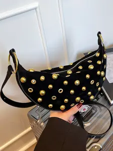 Retro Rivet Decoration Niche Design Embellished Shoulder Bag, Hollow Metal Eyelet Motorcycle Style Rock High-Value Crossbody Bag Fashionable And Personality Underarm Bag, Punk Style Meta Handbag, Suitable For Music Festival Concerts