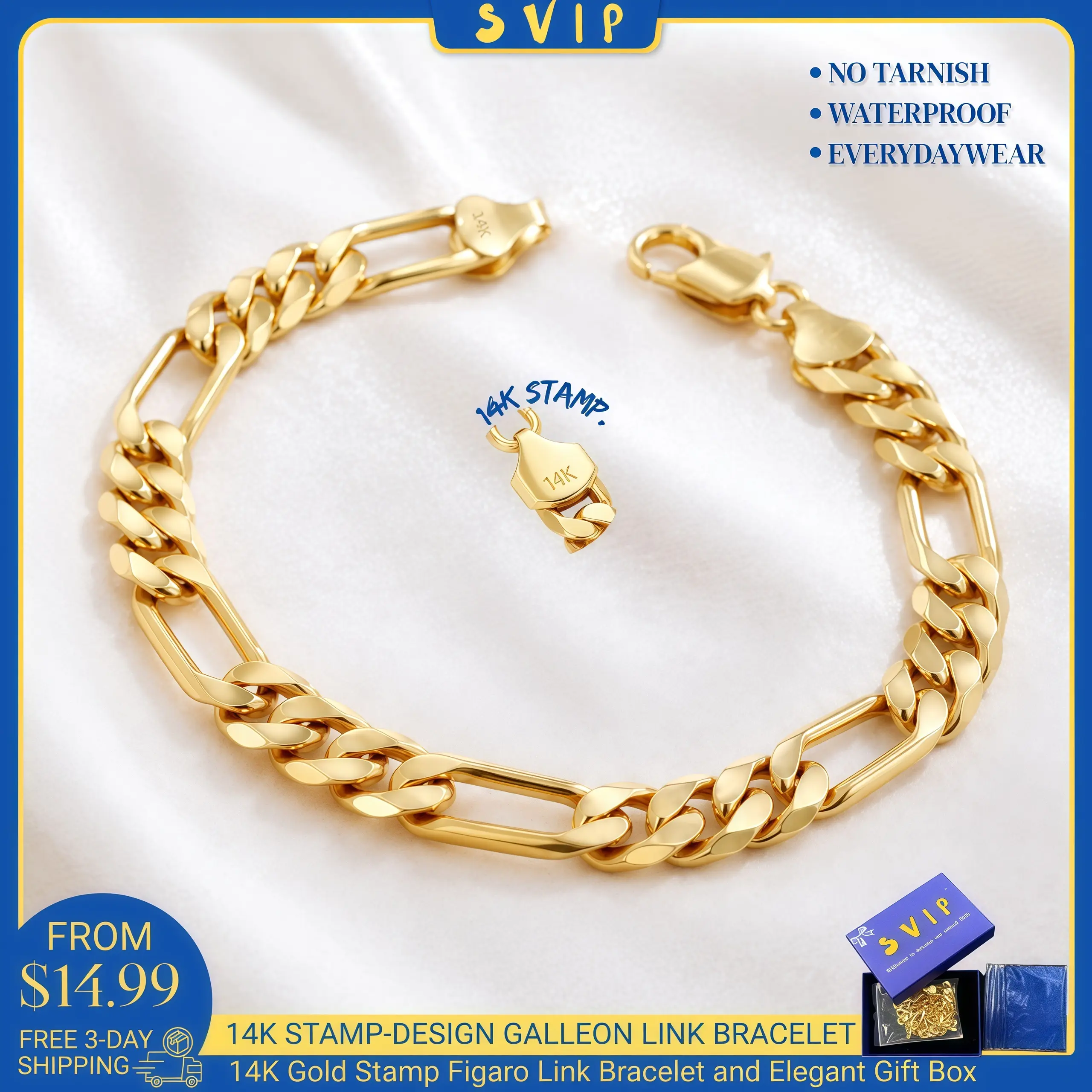 [Free 3-Day Shipping] 14 Karat Gold-Plated Figaro Chain Bracelet Jewelry for Men - 9mm/10mm Wide, 7.5"/8.5" Italian Cuban Link, Tarnish-Free Nanotech Coating with Nanotech Shine, Hip Hop Edge Streetwear, Minimalist Layering Gift for Him