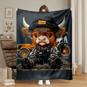 1pc Farm Overalls Highland Cow Flannel Cow Print Blanket, Warm Lightweight Fleece Throw, Anti-Pilling & Non-Shedding for Sofa Lounging, Bed Reading, Camping Adventures, Picnic Parties, Office Warmth, Adult