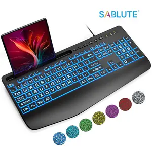 Wired Backlit Large Print Computer Keyboards, Lighted USB Keyboards with 7-Color Backlit, Wrist Rest, Phone Holder, Easy to Read and Type