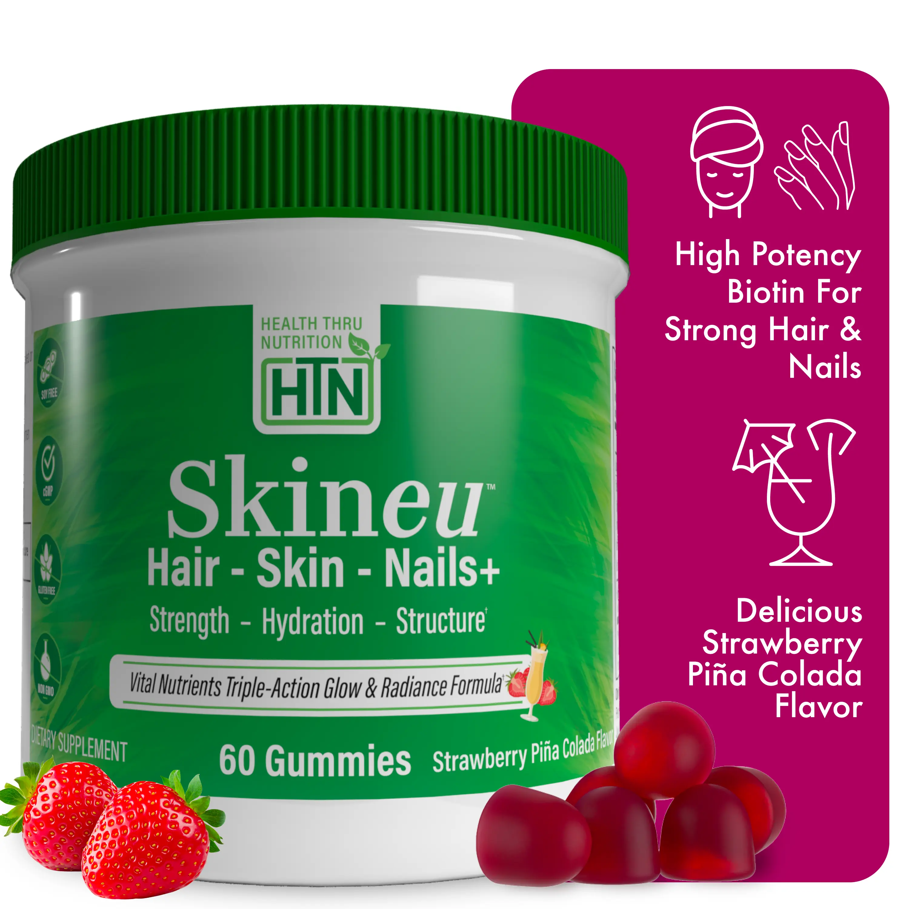 Health Thru Nutrition Skineu – Hair, Skin & Nails+ 60 Strawberry Pina Colada Gummies | Beauty Nutrients for Glow & Strength