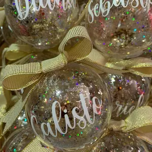 Set of 6 Shiny Christmas Baubles with Champagne Filling, Personalized with a Name or Word for Tree Decoration or Gift (Includes Customizable Gift Box)