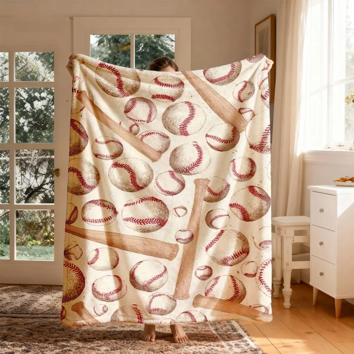 Vintage Baseball Print Flannel Blanket, Large Size, Soft Lightweight Warm, Perfect for Bed Sofa Office Camping Travel Gift, Cozy Throw Blanket, Soft Blankets, Blanket Gifts