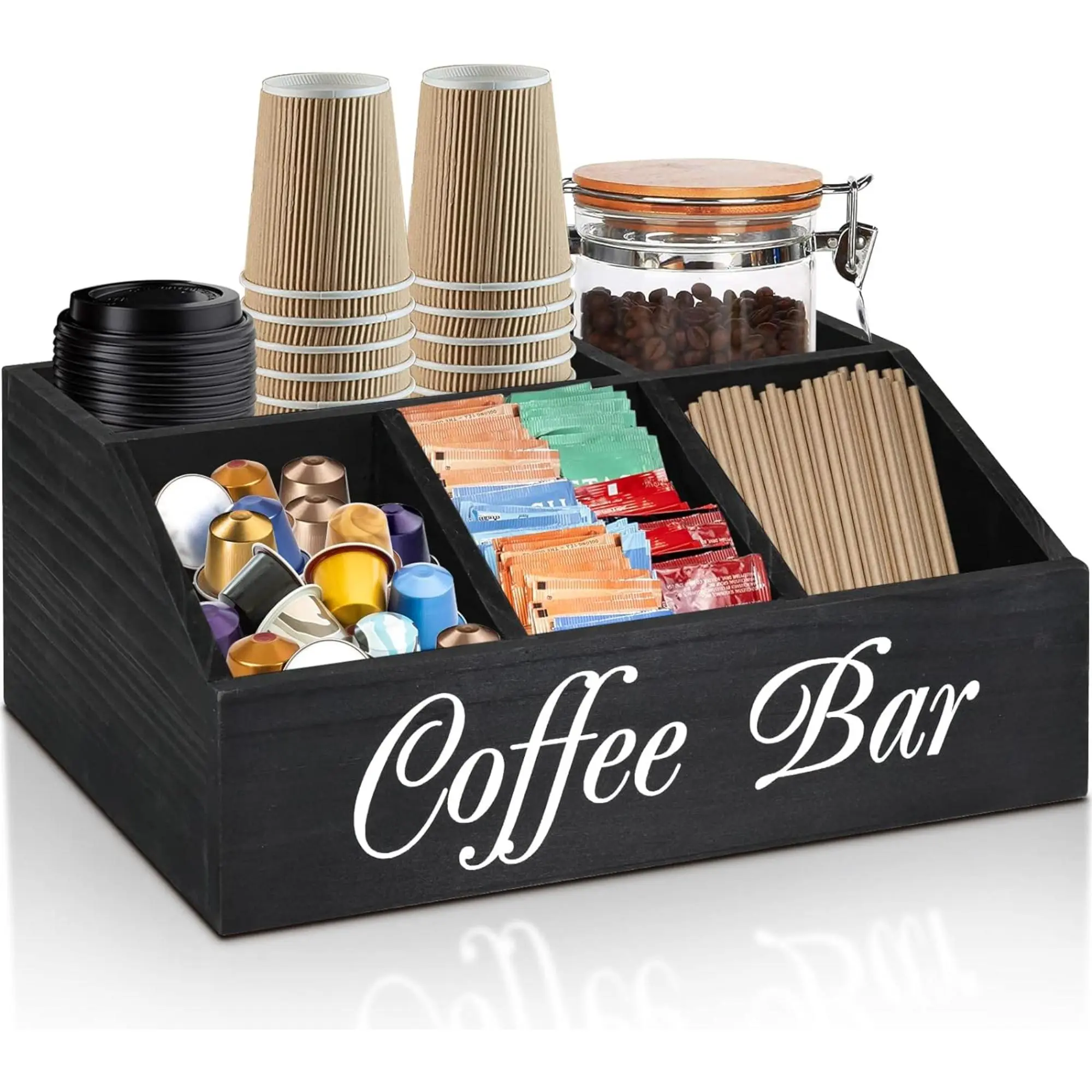 Coffee Station Organizer for Counter, Wood Coffee Pods Holder Storage Basket, Coffee and Tea Condiment Storage Organizer, Rustic Coffee Bar Decor for Coffee Accessories Organizer Wooden
