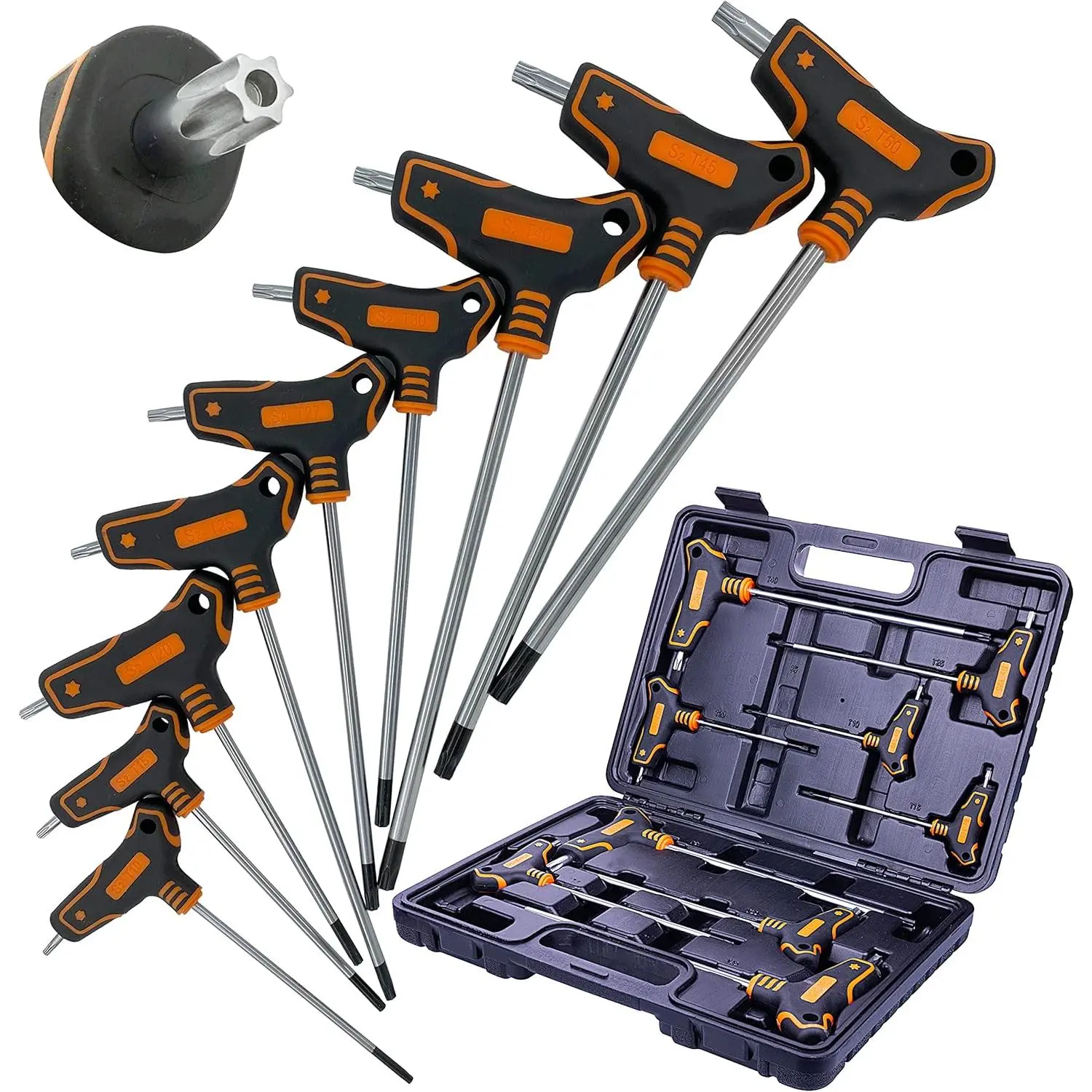 9-Piece T-Handle Torx Wrench Set, S2 Steel Long Arm Security Star Keys, Sizes T10 to T50 in Storage Box