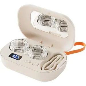 Ultrasonic Rechargeable Contact Lens Cleaner with Vanity Mirror, Portable Case for Hard & Soft Lenses, 2 Cleaning Modes, Ideal for Travel, Sports, Office, Home
