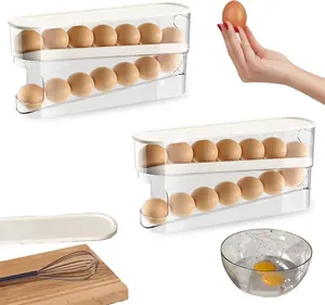 Auto Rolling Fridge Egg Organizer, Space Saving Eggs Dispenser for Refrigerator Storager with Lid,Egg Holder for Fridge 2 Pack
