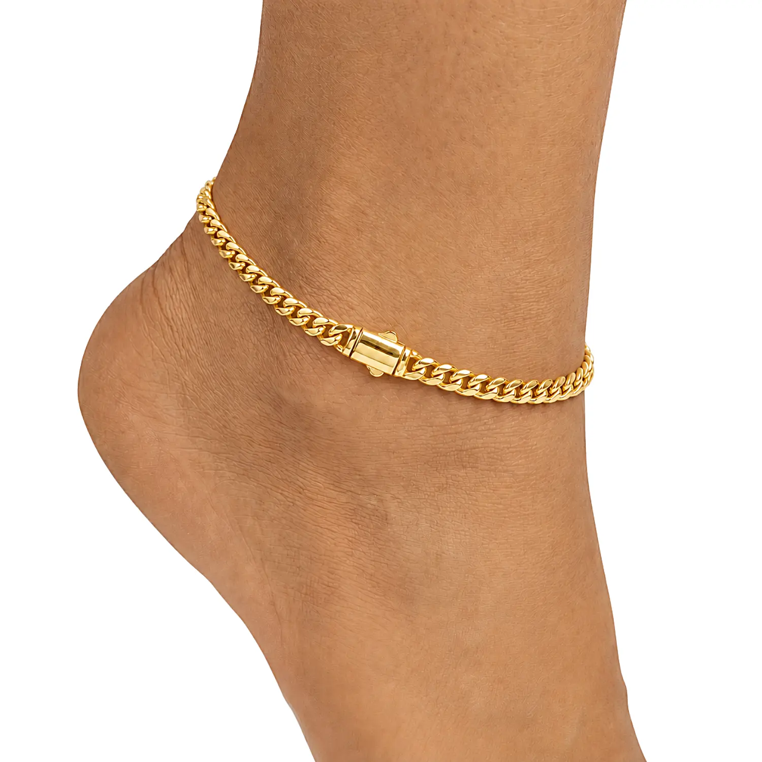 24K Gold Color Plated Monaco Lock Anklet for Women | Premium Stainless Steel Cuban Chain | CZ & Plain Lock Styles | 6mm 8mm | 9" 10" 11" 12"