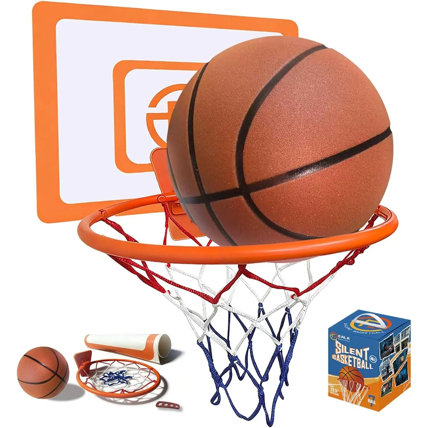 Non-Compress Size 7 (29.5") Grooved Airless Silent Basketball & Indoor Hoop &  Form Trainer  Set - for Indoor Dribbling and  Kit