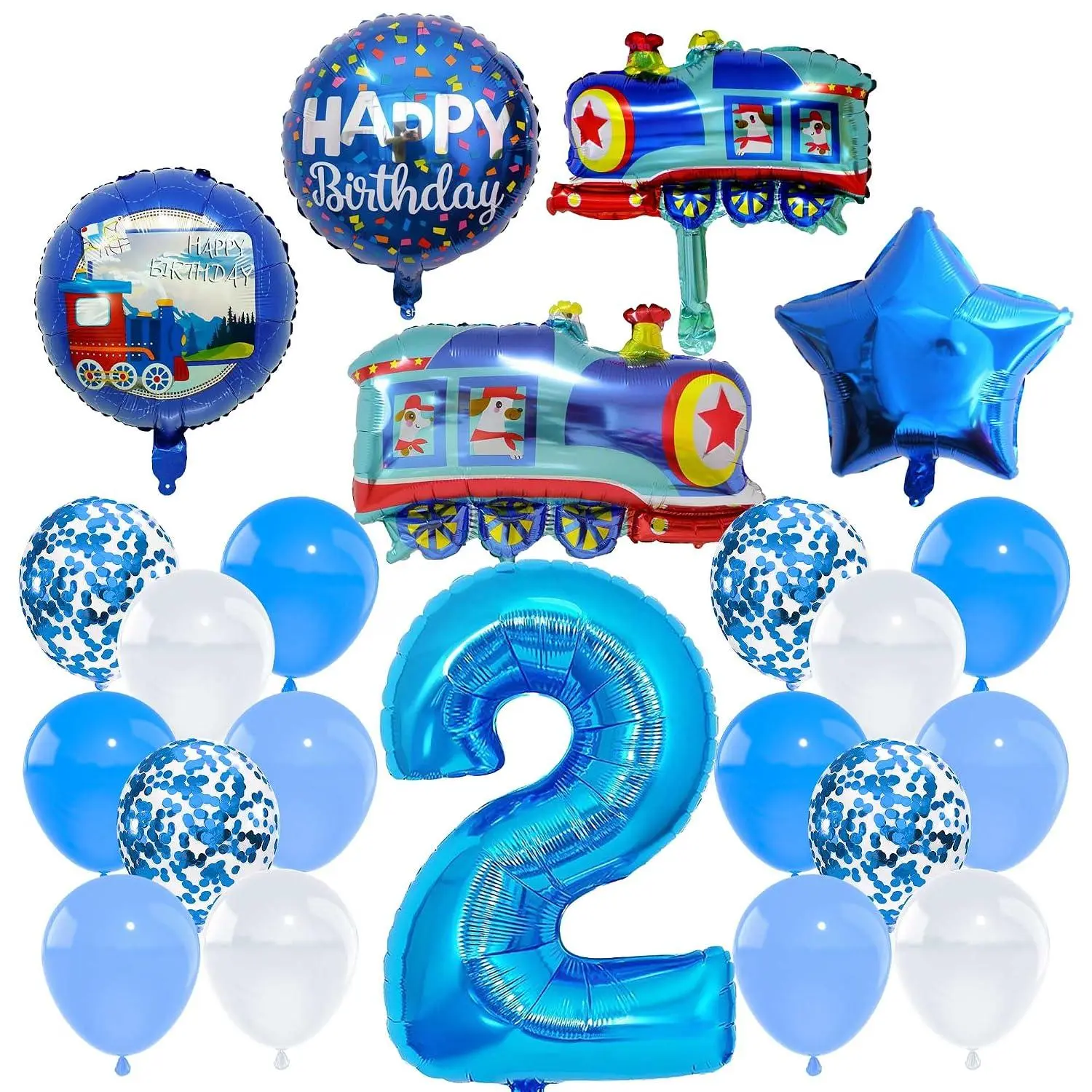 2Nd Birthday Decorations Train Balloons - 22 Pcs Blue Train Balloon Number 2 Five Pointed Star Foil Balloon Set For Boys Girls 2 Year Old Train Birthday Party Supplies Party Decoration Favors Kit