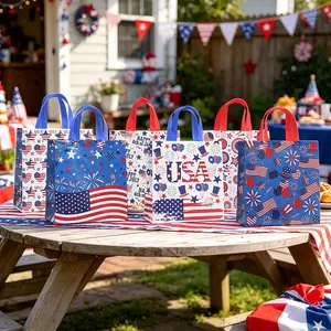 12pcs/24pcs Independence Day Gift Bags, Non-Woven Bags with American Flag Star Pattern, Party Gift Bags with Handles, Memorial Day Gifts