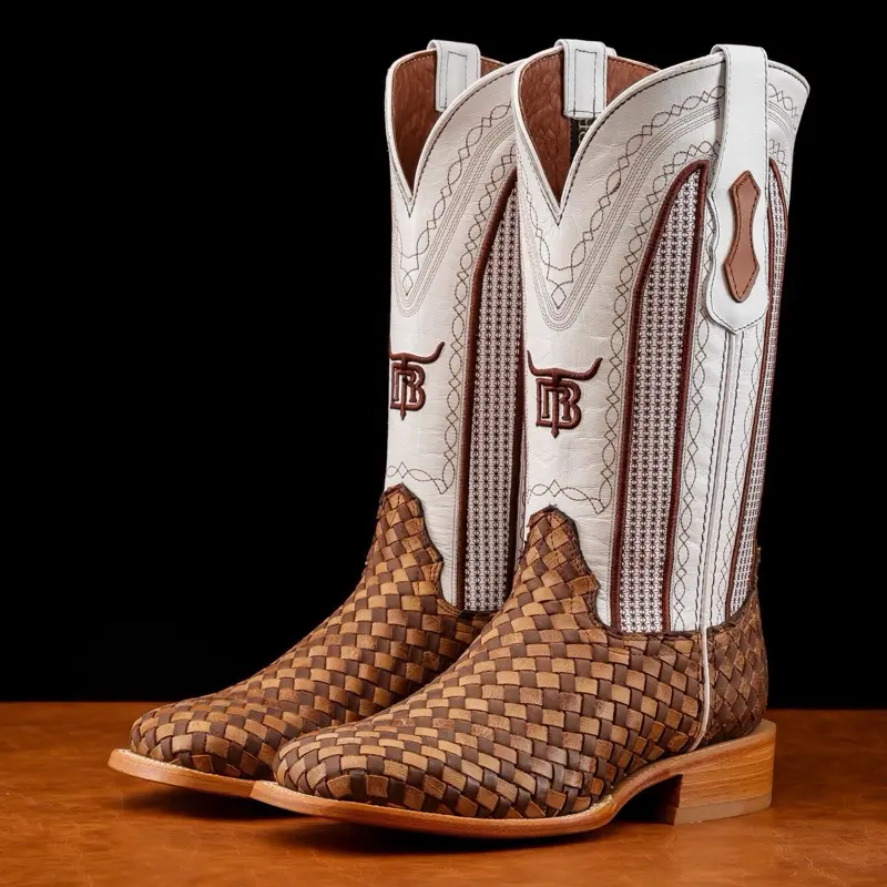 Tan Basketweave Leather Boots -Square Toe Tan Basketweave Leather Boots -Square Toe