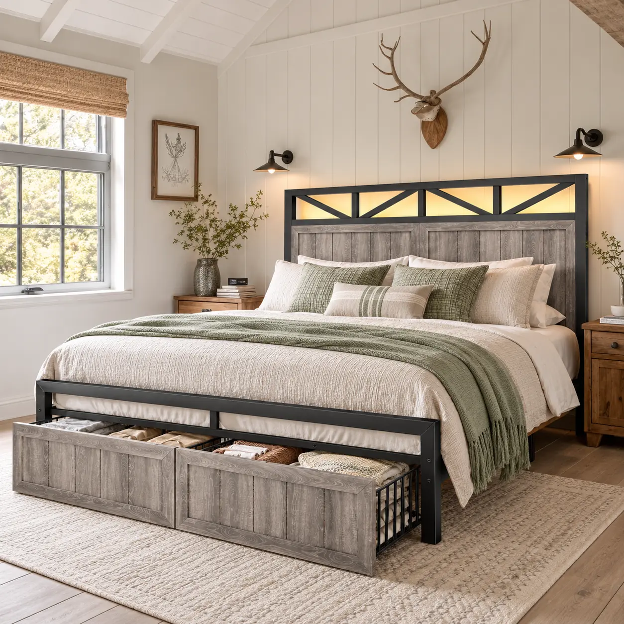 Raybee Farmhouse Bed Frame with 2 Storage Drawers, Rustic Industrial Wood-Look & Metal Headboard, LED Lights, USB Charging, Heavy Duty Platform Bed, Full Queen King, Gray Brown Black, No Box Spring Needed