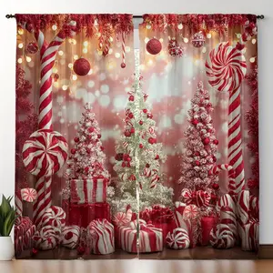 candy theme scene Christmas tree gift candy decoration American style printed curtains, minimalist art style, rod pocket design for kitchen cafe living room bedroom balcony garden home decoration, Christmas decoration, Window Decorations Supplies