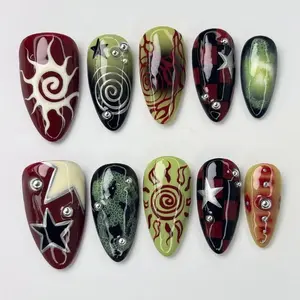 Grunge Sun Press On Nails, Summer Red & Green Abstract Nail Art, Y2K Gothic Fake Nails, Spiral Flame Star Nails, Red Green Summer Nails