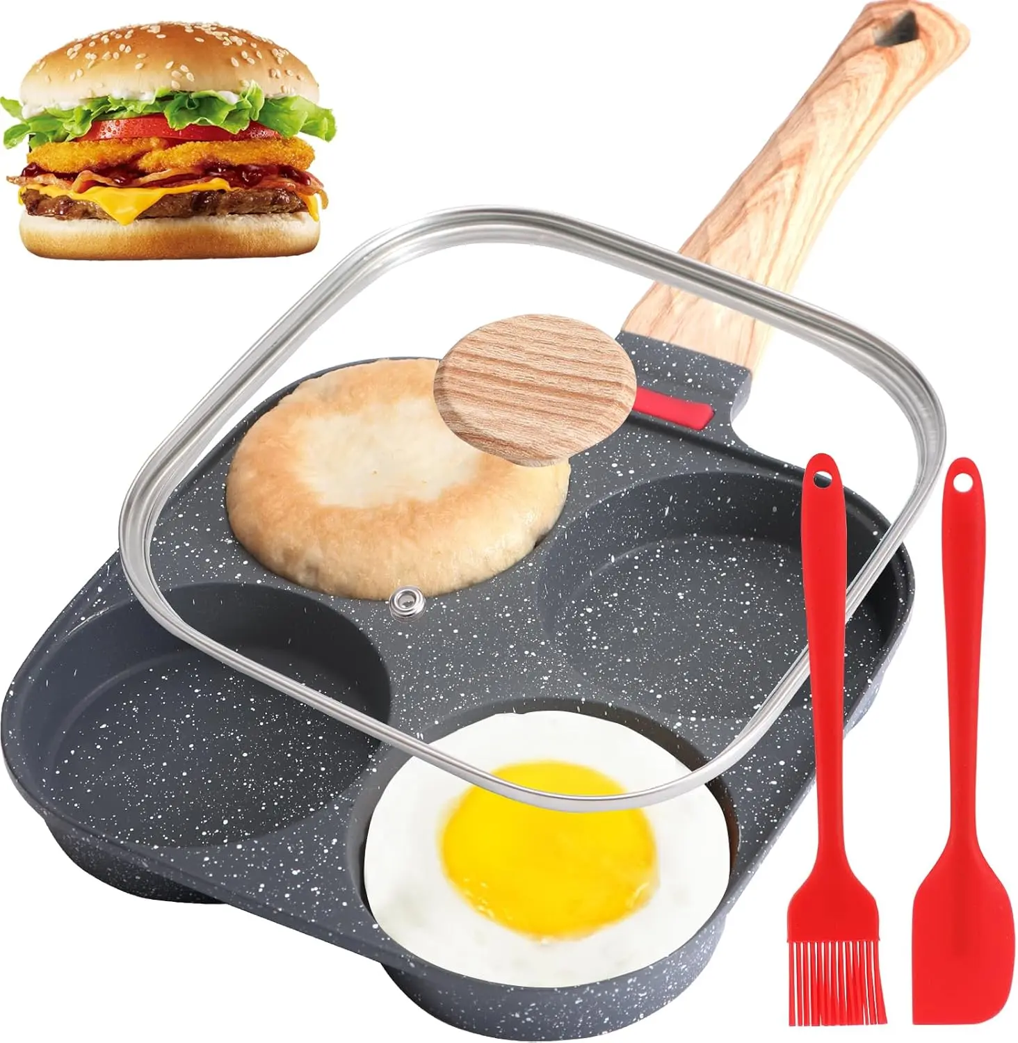 4 Cup Egg Pans Nonstick, Aluminum Omelette Pan with Lid, Healthy Egg Skillet for Eggs, Pancakes, Crepes, Sandwiches, Compatible with Gas Stove & Induction Cooktop