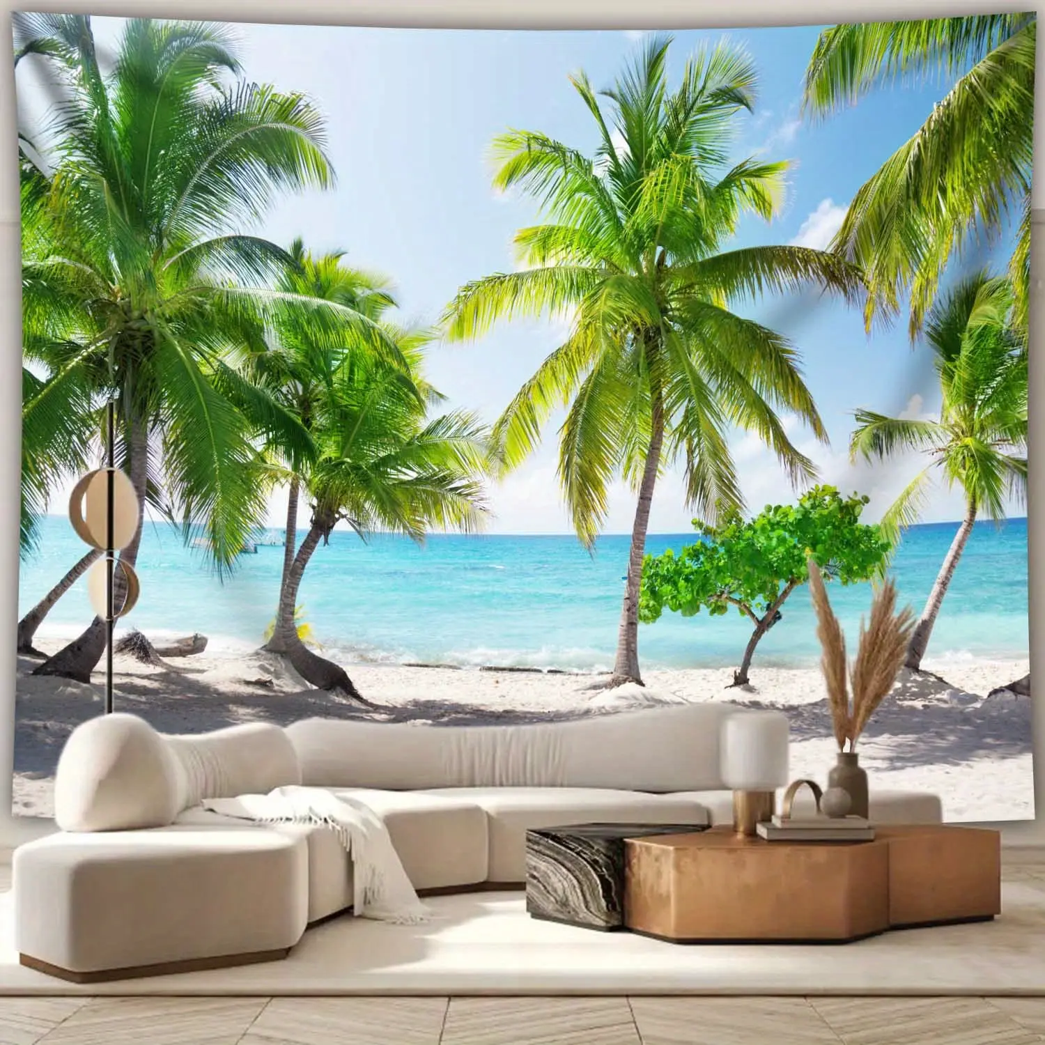 Polyester Lightweight Coconut Tree Print Tropical Beach Banner Tapestry, Seaside Ocean Backdrop for Wedding Party Photography Studio Prop, Home Decor for Living Room Bedroom Office Hostel Wall Hanging