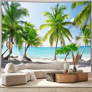 Coconut Tree Seaside Backdrop Tropical Beach Backdrop Relax Ocean Background Cloth Summer Tapestry Wall Hanging Photography Background Polyester Fiber Living Room Bedroom Office Hostel Party Decor Studio Prop Vacation Wall