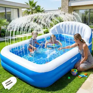2026 Durable Inflatable Kiddie Pool with Sprinkler, Blow up Pool with Big Backrest, Rectangle Outdoor Backyard Water Swimming Pool for Kids Children
