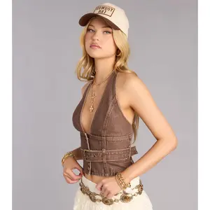 Buckle Up Babe Belted Denim Halter Top