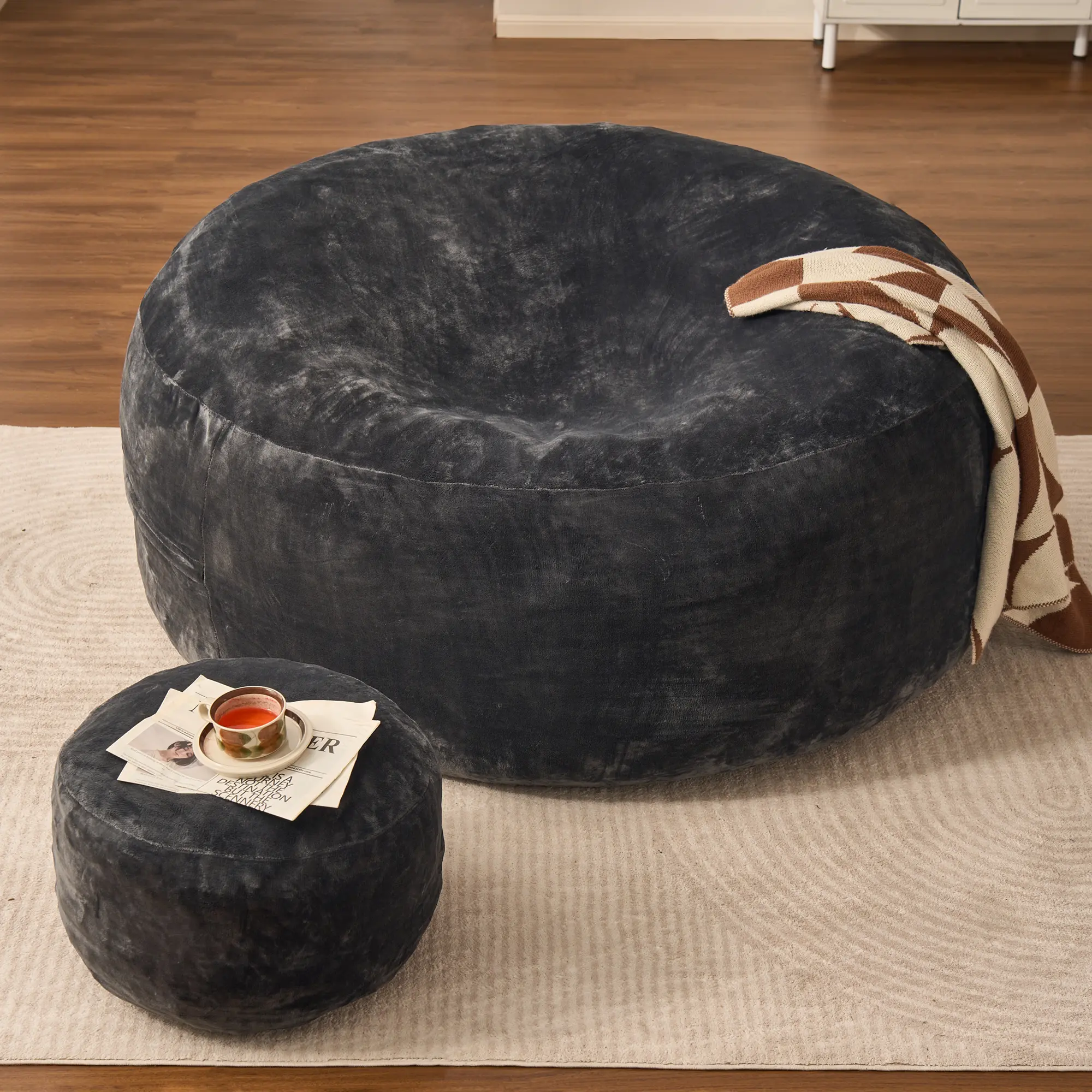 Striped Grey Bean Bag Lazy Sofa with Ottoman