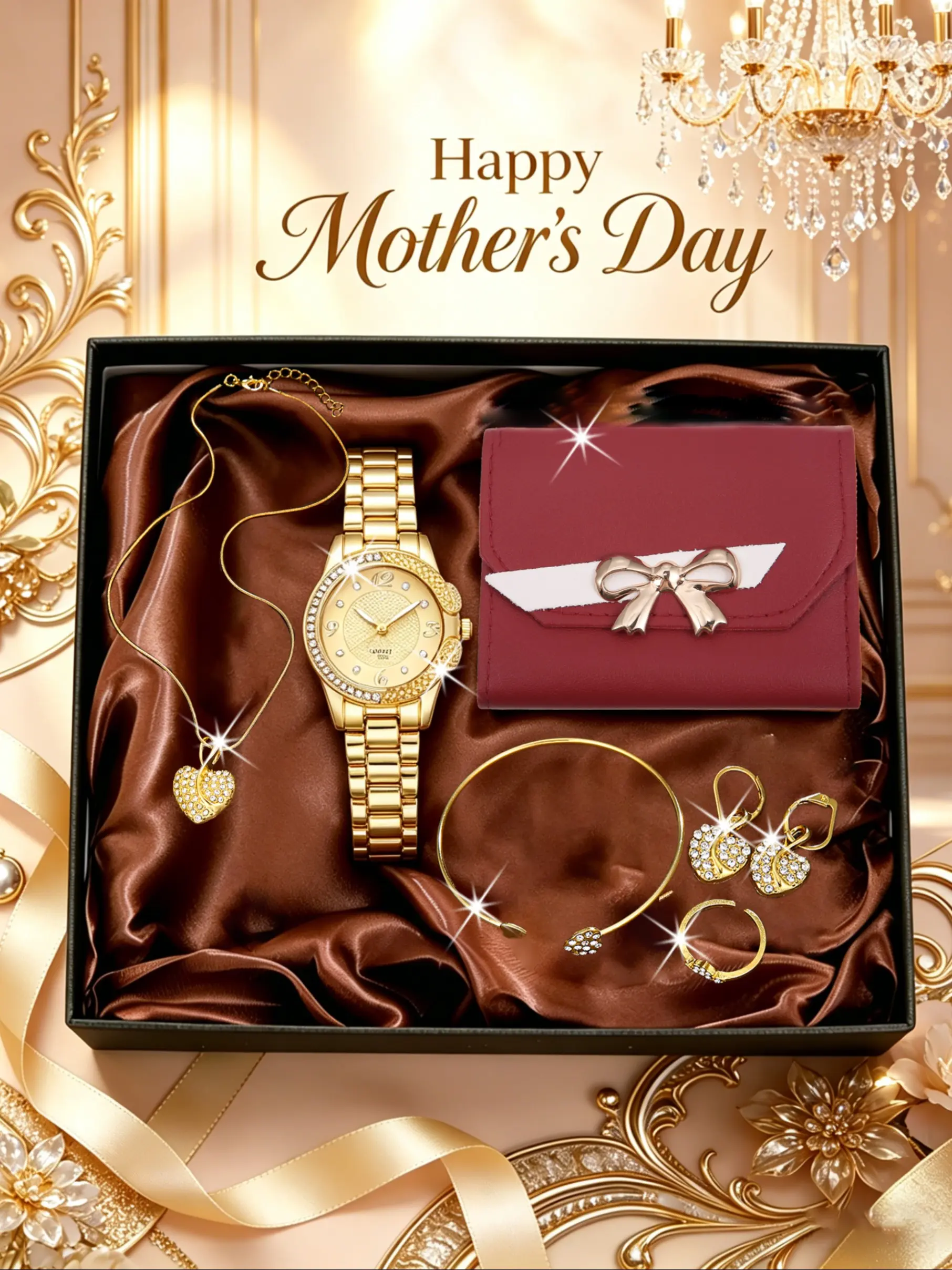 7pcs Mother's Day Gift Set, Luxury Gold Watch + Jewelry + Wallet Box, Perfect for Birthday, Anniversary, Valentine's Day, High-End Gifts, Accessories Set