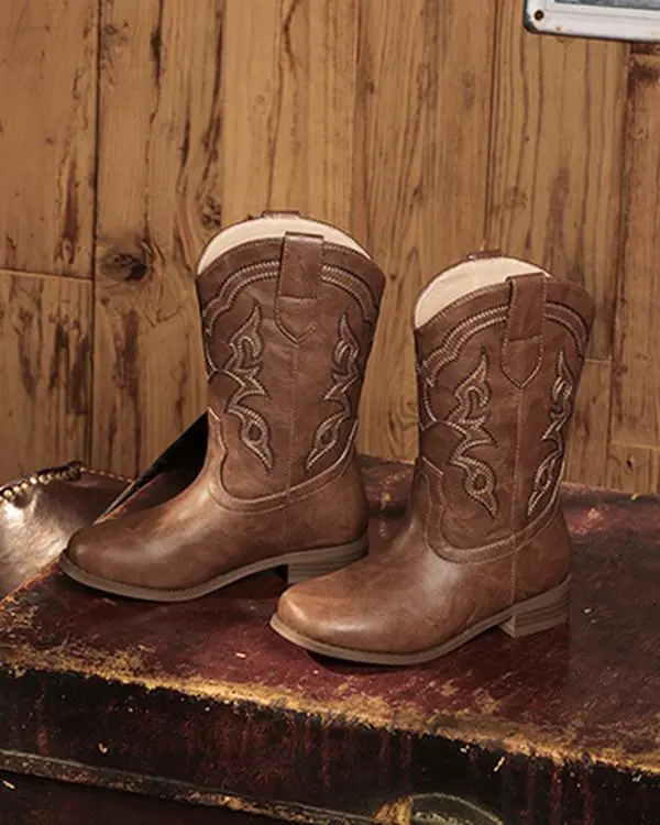 Girls' Western Cowboy Boots with Glitter & Embroidery, Easy Pull-On Mid-Calf Shoes for Toddlers to Big Kids, Easy To Wear